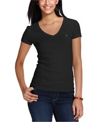 Tommy Hilfiger - Camisetas de ga Corta-Camisas de algodón para Mujer con Escote en V y Detalle de Logotipo - Lyst