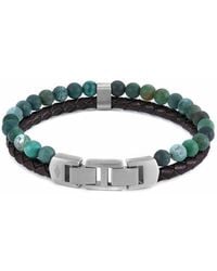 Fossil - Beaded Stainless Steel Or Leather With Fold Over Closure Bracelet - Lyst