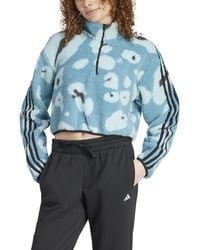 adidas - Essentials 3-stripes Animal Print High Pile Cropped Quarter-zip Top - Lyst
