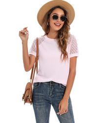 FIND Summer Lace Short Sleeve T Shirts For Waffle Knit Tee - Pink