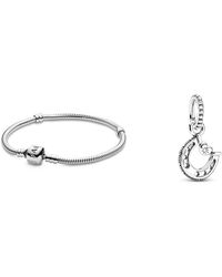 PANDORA - Moments Schlangen-Gliederarmband mit Zylinderverschluss aus Sterling-Silber & Glückshufeisen Charm-Anhänger - Lyst