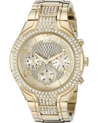 Guess - Gold-tone Stainless Steel Crystal Embellished Bracelet Watch With Day - Lyst