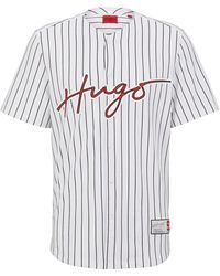HUGO - Relaxed-fit Collarless Shirt In Striped Cotton With Logo - Lyst