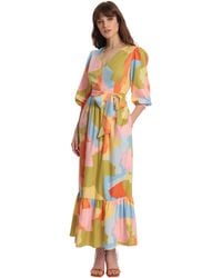Donna Morgan - Abstract Colorful Printed V-neck Bottom Tier Maxi Dress With 3/4 Puff Sleeves - Lyst