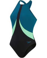 Speedo - S Colourblock Highneck Crossback Swimming Costume Black Dark Teal Harlequin Green - Lyst