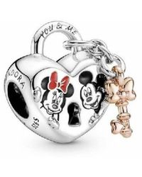 PANDORA - Disney Minnie And Mickey Heart Padlock And Key Sterling Silver And 14k Rose Gold-plated Charm With Red - Lyst