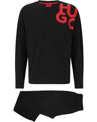 HUGO - S Tagged Long Set Relaxed-fit Cotton-blend Pyjamas With Stacked Logos Black - Lyst