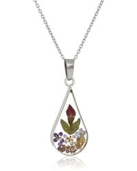 Amazon Essentials - Amazon Collection Sterling Silver Multi Pressed Flower Teardrop Pendant Necklace - Lyst