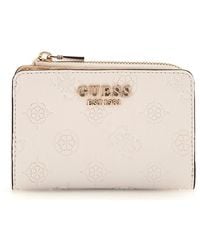 Guess - Zarela Slg Zip Around Card Case Cream White Logo - Lyst
