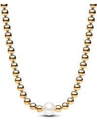 PANDORA - Timeless Collar chapado en oro de 14 quilates con perla blanca cultivada de agua dulce tratada y circonitas cúbicas - Lyst