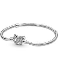 PANDORA - Moments Snake Chain Sterling Silver Bracelet With Butterfly Clasp With Clear Cubic Zirconia - Lyst