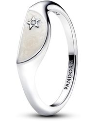 PANDORA - Me Halved Signet Sterling Silver Ring With Clear Cubic Zirconia And Shimmering White Enamel - Lyst
