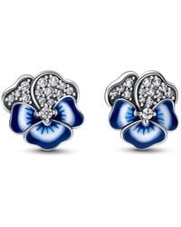 PANDORA - Blue Pansy Flower Stud Earrings - Lyst