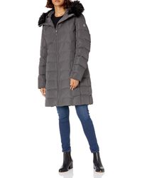 Calvin Klein Womens Quilted Faux Fur Trim Hooded Puffer Coat - Grey