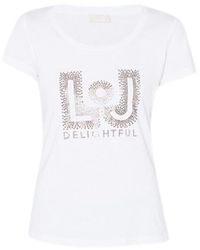Liu Jo - LIU JO T-Shirt con Logo Strass Maglia Maglietta Donna Cotone Stretch WA3281 Taglia S Colore Principale Bianco - Lyst