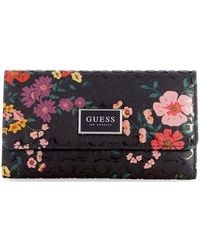 Guess - Logo Embossed Pink Purple Floral Print Slim Wallet Clutch Bag - Lyst