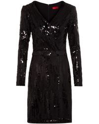 HUGO - Long-sleeve Sequin Dress With Wrap-effect Front - Lyst