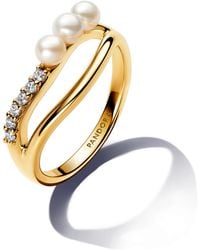 PANDORA - Essence Anello placcato in oro 14k con perla coltivata d'acqua dolce trattata bianca e zirconia cubica trasparente - Lyst