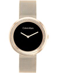Calvin Klein - Analoge Quartz Horloge Voor Vrouwen Met Anjer Goudkleurige Roestvrijstalen Mesh Armband - 25200151, Zwart, Armband - Lyst