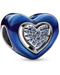 PANDORA - Moments Charm Cœur rotatif en argent sterling avec cristal bleu nuit et émail bleu transparent - Lyst