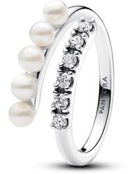 PANDORA - Timeless Sterling Silver Open Ring With White Treated Freshwater Cultured Pearl And Clear Cubic Zirconia - Lyst