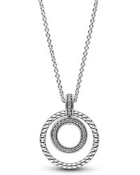 PANDORA - Signature Sterling Silver Pendant With Clear Cubic Zirconia And Chain - Lyst