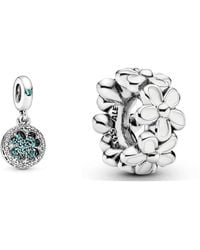 PANDORA - Charm Kleeblatt grün 797906NRGMX & Moments Petrolfarbener Pavé-Clip Sterling Silber - Lyst