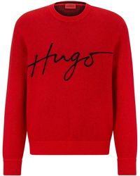 HUGO - Relaxed-fit Wool-blend Sweater With Handwritten Logo - Lyst