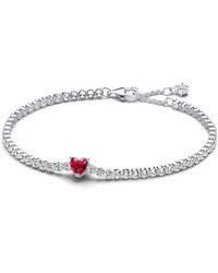 PANDORA - Timeless Bracciale tennis con cuore in argento Sterling con cristallo rosso e zirconia cubica trasparente - Lyst