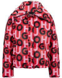 HUGO - High-shine Stacked-logo Puffer Jacket With Oversized Collar - Lyst