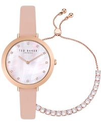 Ted Baker - Ladies Pink Leather Strap Watch & Icon Crystal Bracelet Box Set - Lyst