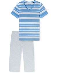 Schiesser - Schlafanzug 3/4-lang Casual Essentials hellblau gestreift V-Ausschnitt grau melierte Hose Single Jersey Nachtwäsche - Lyst