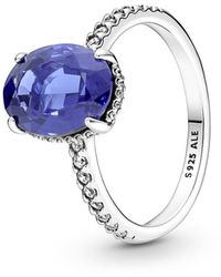 PANDORA - Timeless Sterling Silver Statement Halo Ring With Princess Blue Crystal And Clear Cubic Zirconia - Lyst