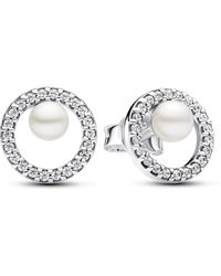 PANDORA - Timeless Sterling Silver Stud Earrings With White Treated Freshwater Cultured Pearl And Clear Cubic Zirconia - Lyst