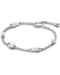 PANDORA - Timeless Sterling Silver Bracelet With White Treated Freshwater Cultured Pearl And Clear Cubic Zirconia - Lyst