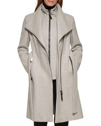 Calvin Klein - Faux Leather Trim Belted Wrap Coat Light Grey Lg - Lyst