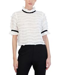 BCBGMAXAZRIA - Relaxed Short Sleeve Top Ruffle Mock Neck Colorblock Velvet Trim Shirt - Lyst
