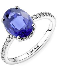 PANDORA - Timeless Sterling Silver Statement Halo Ring With Princess Blue Crystal And Clear Cubic Zirconia - Lyst