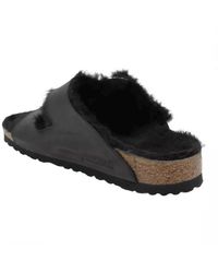 Birkenstock - Arizona Big Buckle Shearling Oiled Leather Black Sandals 8 Uk - Lyst