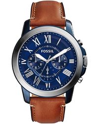 Fossil - Grant Quartz Stainless Steel And Leather Chronograph Watch, Color: Blue, Brown (model: Fs5151) - Lyst