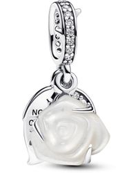 PANDORA - Moments White Rose Sterling Silver Double Dangle With White Bioresin Man-made Mother Of Pearl And Clear Cubic Zirconia - Lyst