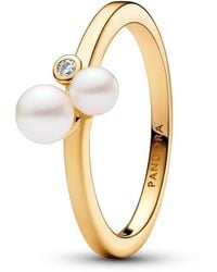 PANDORA - Timeless 14k Gold-plated Ring With White Treated Freshwater Cultured Pearl And Clear Cubic Zirconia - Lyst