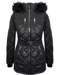 Michael Kors - Michael Black Scuba Stretch Quilted Belted Coat With Hood - Lyst