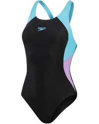 Speedo - S Colourblock Splice Muscleback Swimsuit Black/purple/blue 34 - Lyst