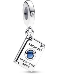 PANDORA - Moments Openable Passport Sterling Silver Dangle With Clear Cubic Zirconia And Shaded Blue Enamel - Lyst