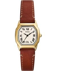 Fossil - Harlow Three-hand Gold Stainless Steel And Medium Brown Leather Band Watch - Lyst