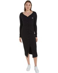 Calvin Klein - Label Long Sleeve Rib Dress Bodycon Dresses Black - Lyst