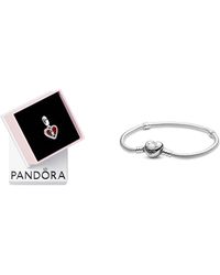 PANDORA - Moments Rotes Herz & Schlüsselloch Doppelter Charm-Anhänger aus Sterling Silber mit Zirkonia Moments Schlangen-Gliederarmband - Lyst