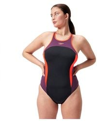 Speedo - High Neck Splice Cross Back Swimsuit Swimming Costume With Bust Support Black Red Size Uk 38 - Lyst