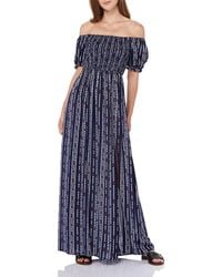 FIND Casual Summer Off Shoulder Floral Maxi Dress Short Sleeve Side Split Sundress Navy - Blue